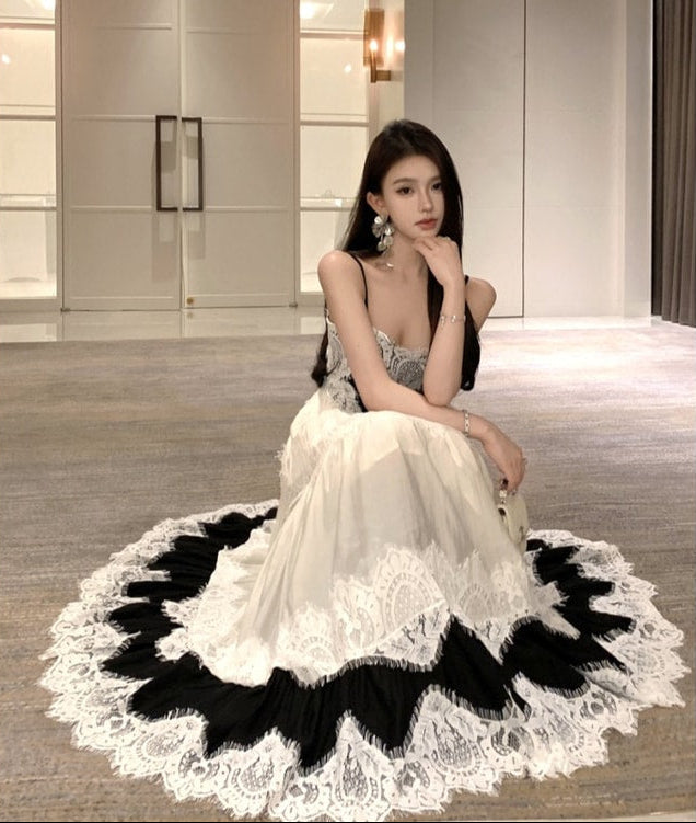 Monochrome Elegance Lace Maxi Dress