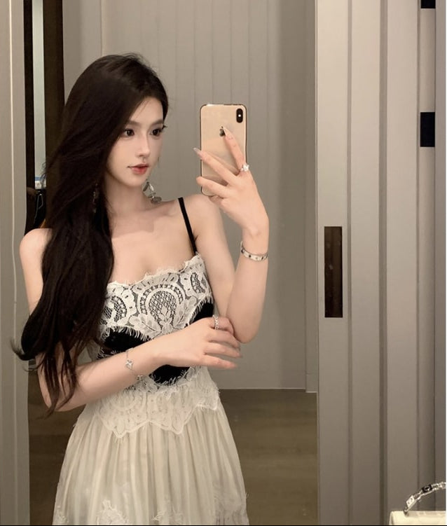 Monochrome Elegance Lace Maxi Dress