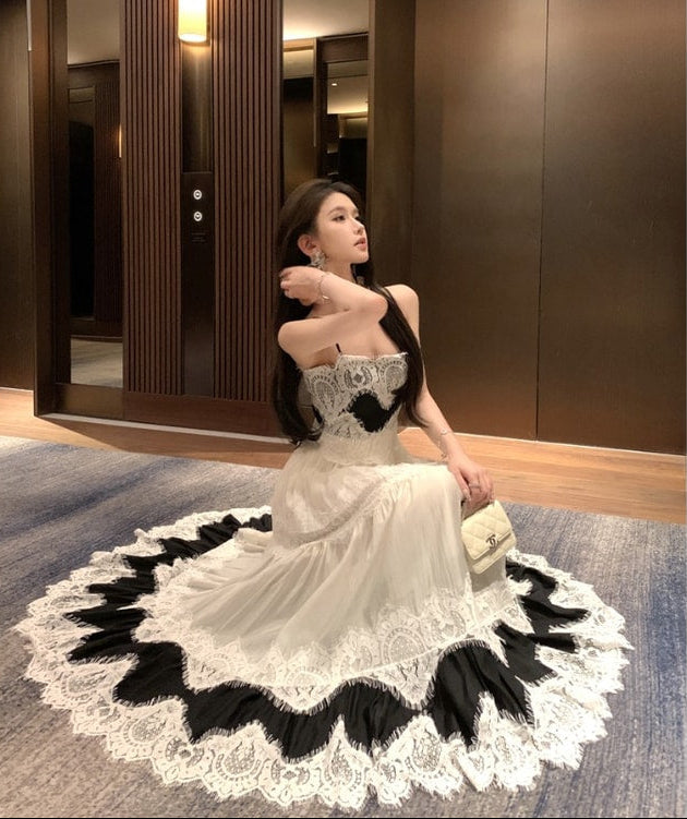 Monochrome Elegance Lace Maxi Dress