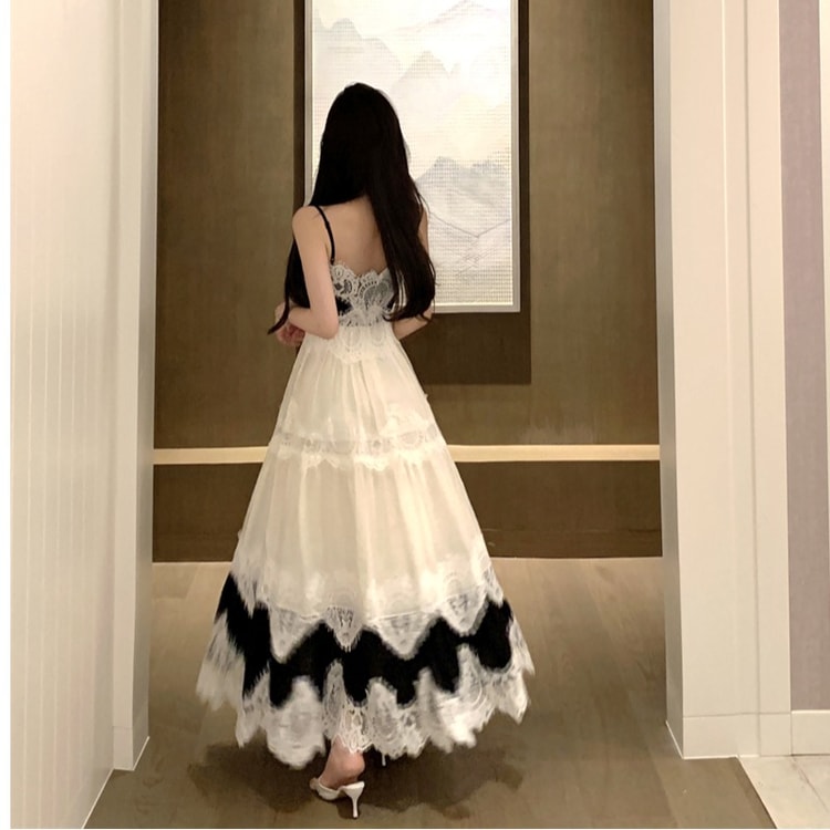 Monochrome Elegance Lace Maxi Dress