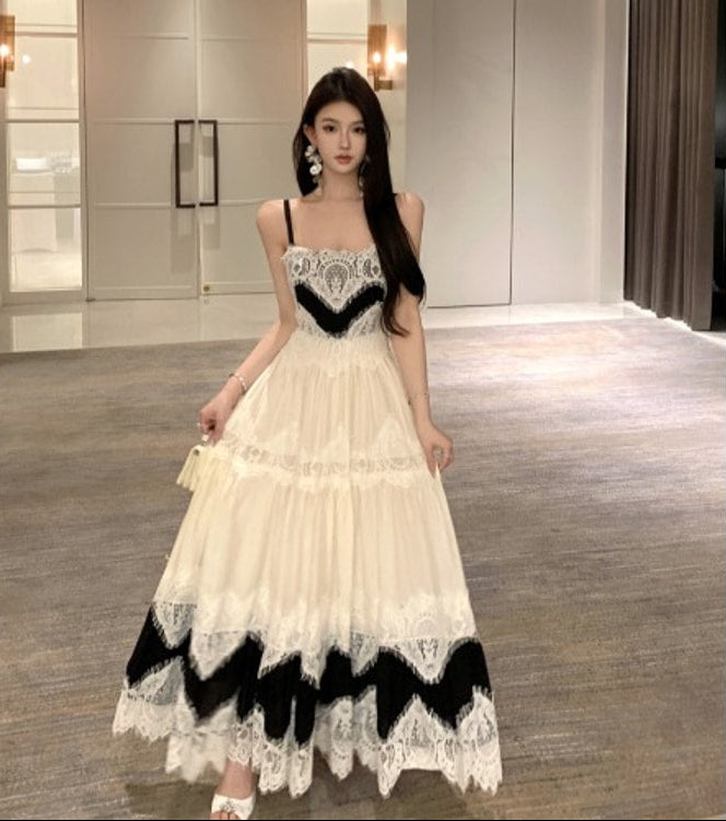Monochrome Elegance Lace Maxi Dress
