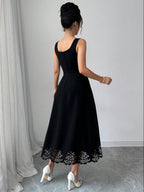 Product Name Minimalist Black Fit and Flare Dress Laser Cut Casual Wedding Guest Dress