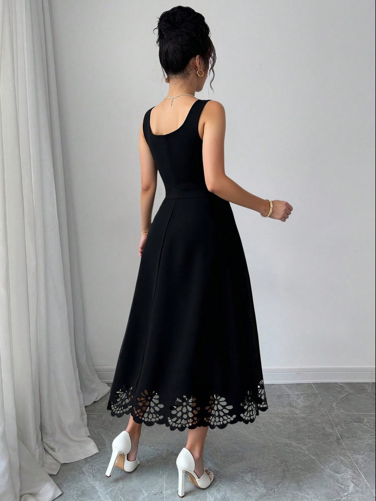 Product Name Minimalist Black Fit and Flare Dress Laser Cut Casual Wedding Guest Dress