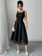 Product Name Minimalist Black Fit and Flare Dress Laser Cut Casual Wedding Guest Dress
