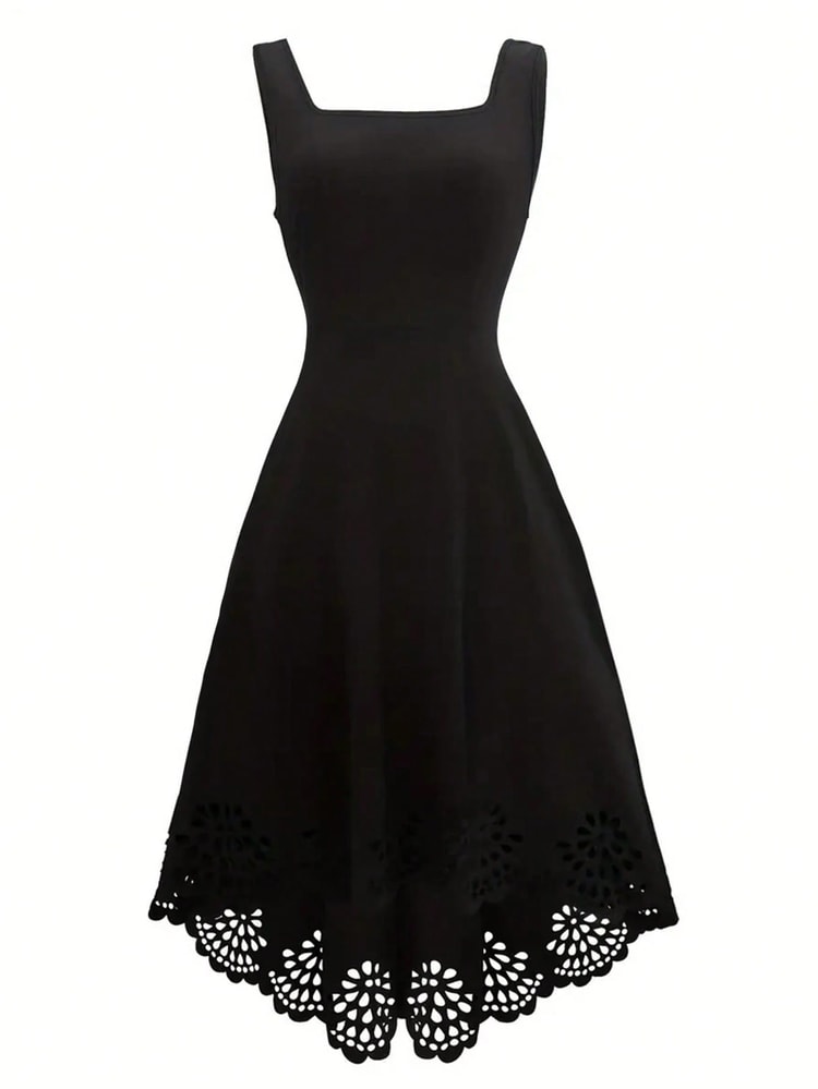 Product Name Minimalist Black Fit and Flare Dress Laser Cut Casual Wedding Guest Dress
