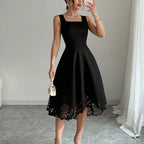 Product Name Minimalist Black Fit and Flare Dress Laser Cut Casual Wedding Guest Dress