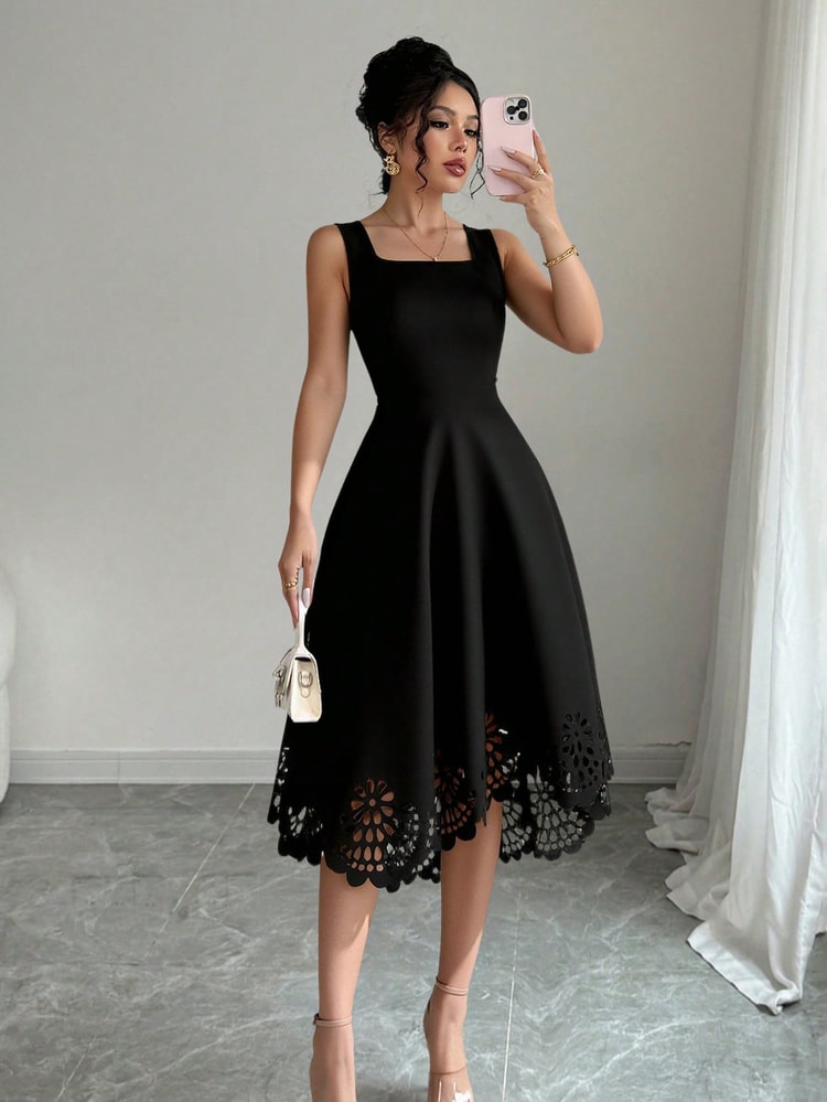 Product Name Minimalist Black Fit and Flare Dress Laser Cut Casual Wedding Guest Dress