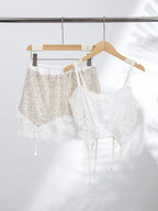 Elegant Lace Skirt Set with Sequined Mini Skirt and V Neck Crop Top