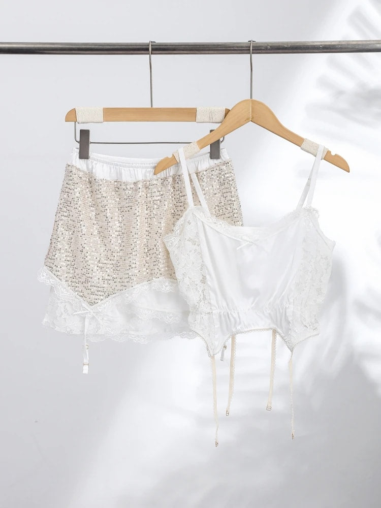 Elegant Lace Skirt Set with Sequined Mini Skirt and V Neck Crop Top