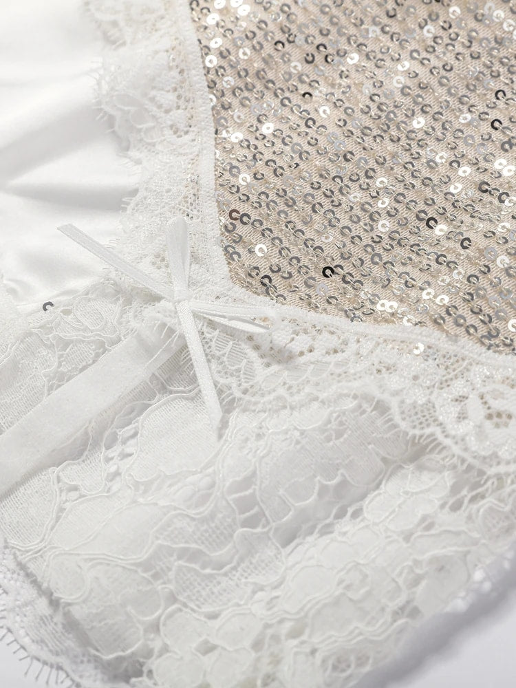 Elegant Lace Skirt Set with Sequined Mini Skirt and V Neck Crop Top