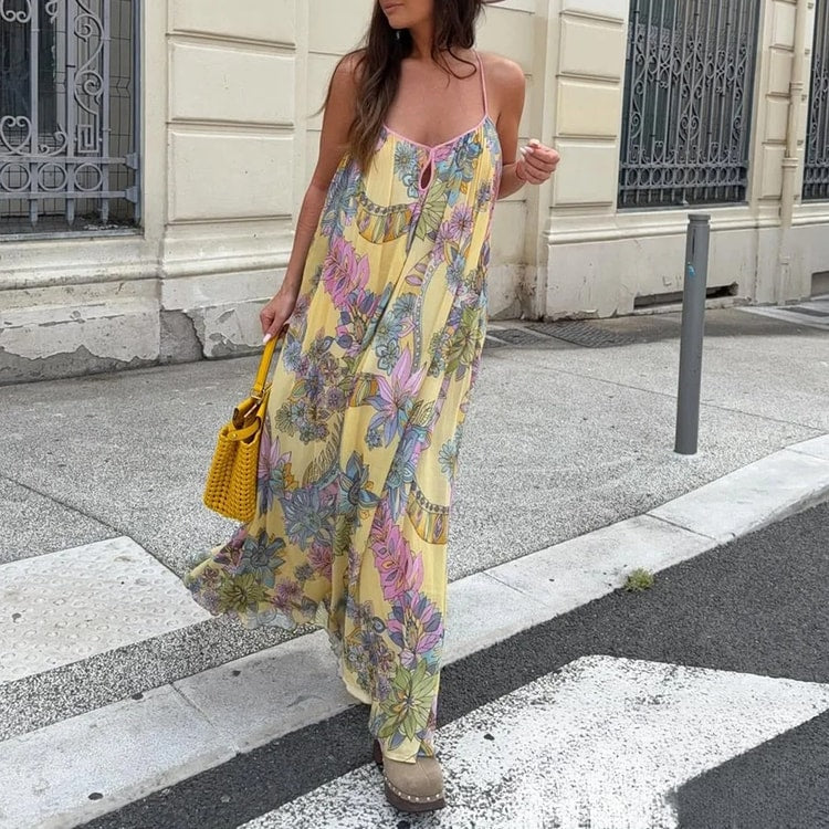 Floral Chiffon Summer Beach Dress Backless Flowy Cami Vacation Maxi Dress for Women