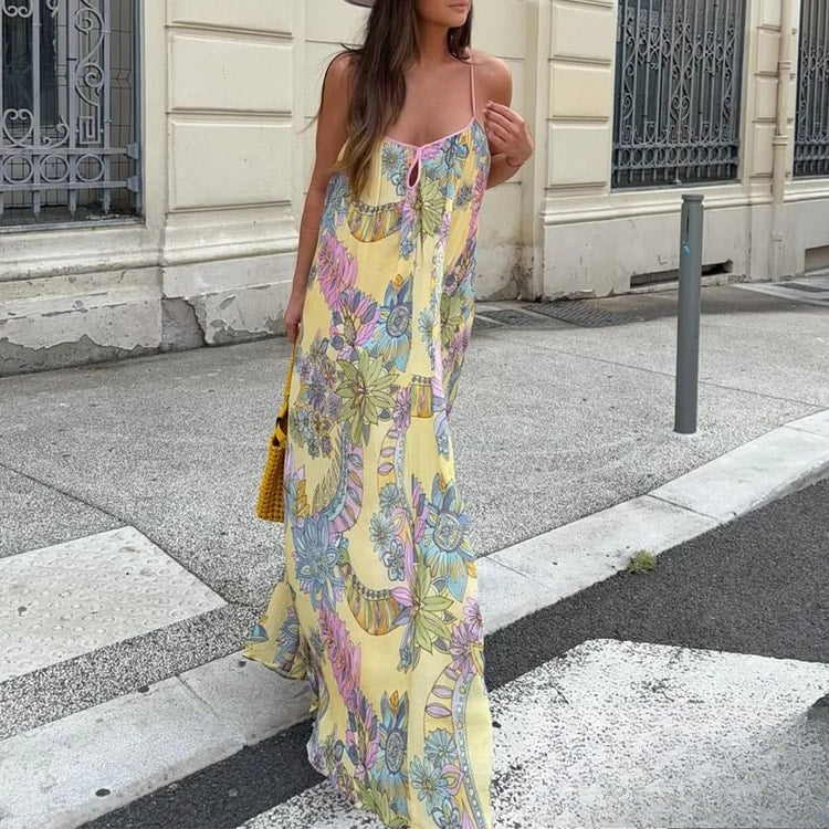 Floral Chiffon Summer Beach Dress Backless Flowy Cami Vacation Maxi Dress for Women