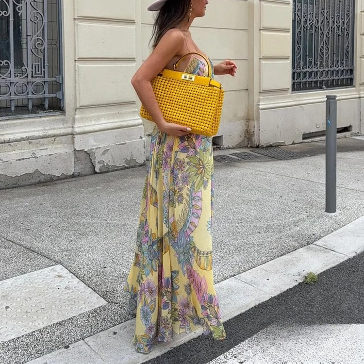Floral Chiffon Summer Beach Dress Backless Flowy Cami Vacation Maxi Dress for Women