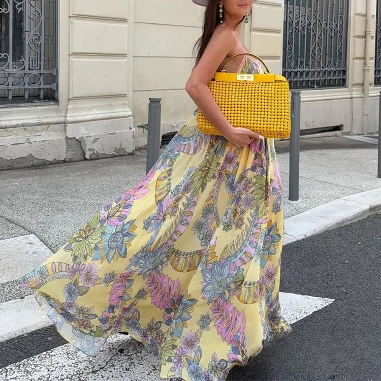 Floral Chiffon Summer Beach Dress Backless Flowy Cami Vacation Maxi Dress for Women