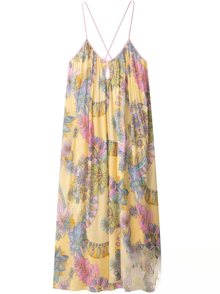 Floral Chiffon Summer Beach Dress Backless Flowy Cami Vacation Maxi Dress for Women