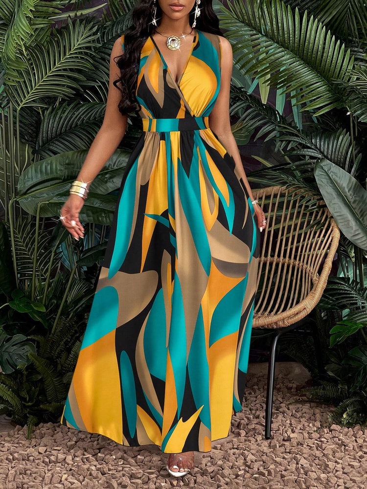 Tropical Print V-Neck Waist Section Cable Knit Fit And Flare Dress, Maxi Women Outfit, Perfect Summer Style