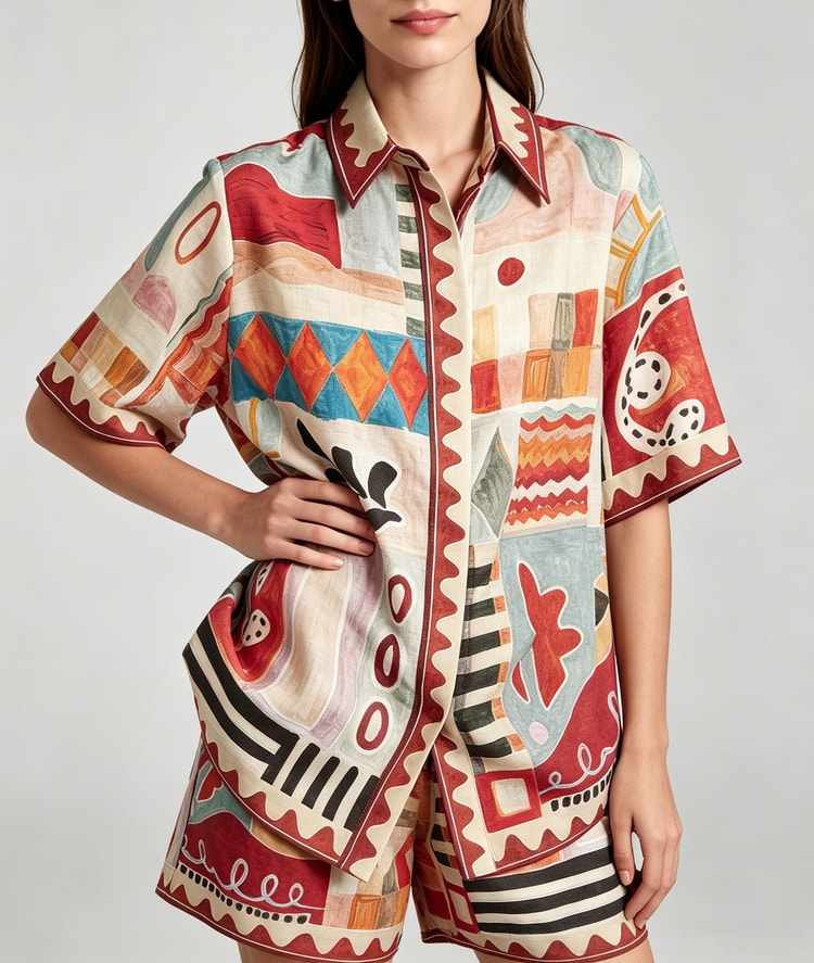 Boho Set for Women Linen Look Button Up Shirt & Drawstring Shorts Beach Outfit