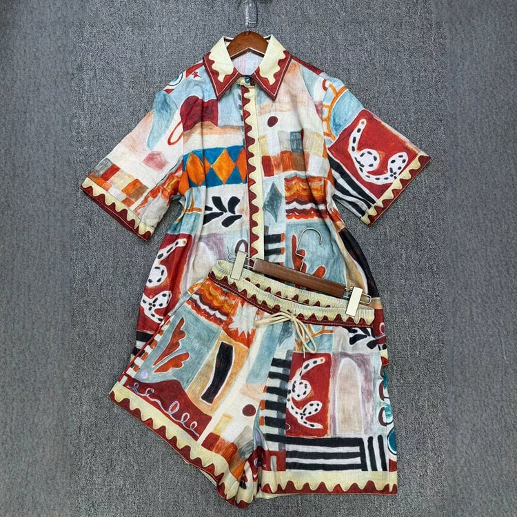 Boho Set for Women Linen Look Button Up Shirt & Drawstring Shorts Beach Outfit
