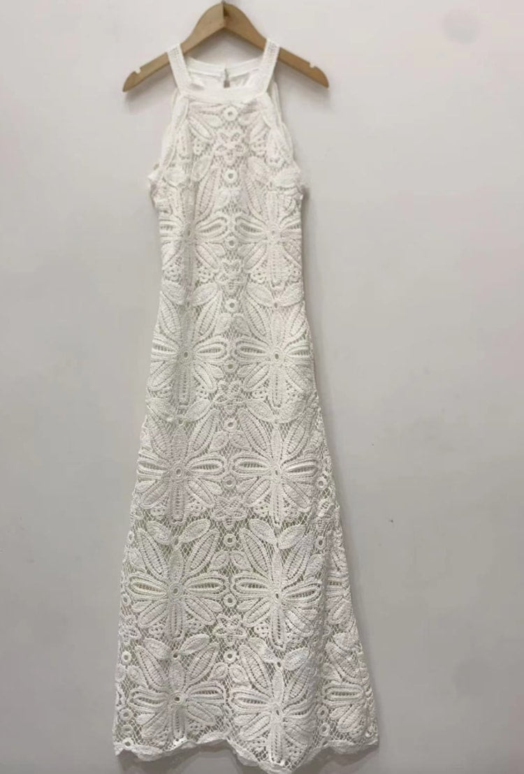 Aura White Lace Halter Maxi Dress Elegant Crochet Overlay Long Dress for Beach & Summer Vacations