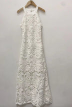 Aura White Lace Halter Maxi Dress Elegant Crochet Overlay Long Dress for Beach & Summer Vacations