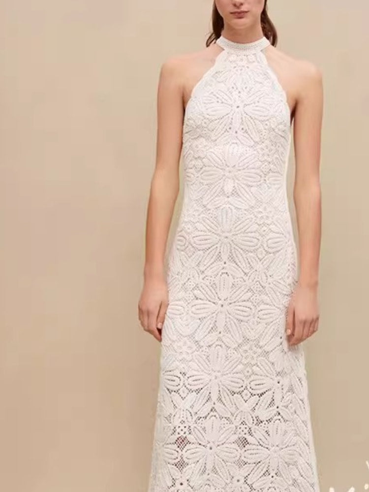 Aura White Lace Halter Maxi Dress Elegant Crochet Overlay Long Dress for Beach & Summer Vacations