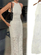 Aura White Lace Halter Maxi Dress Elegant Crochet Overlay Long Dress for Beach & Summer Vacations