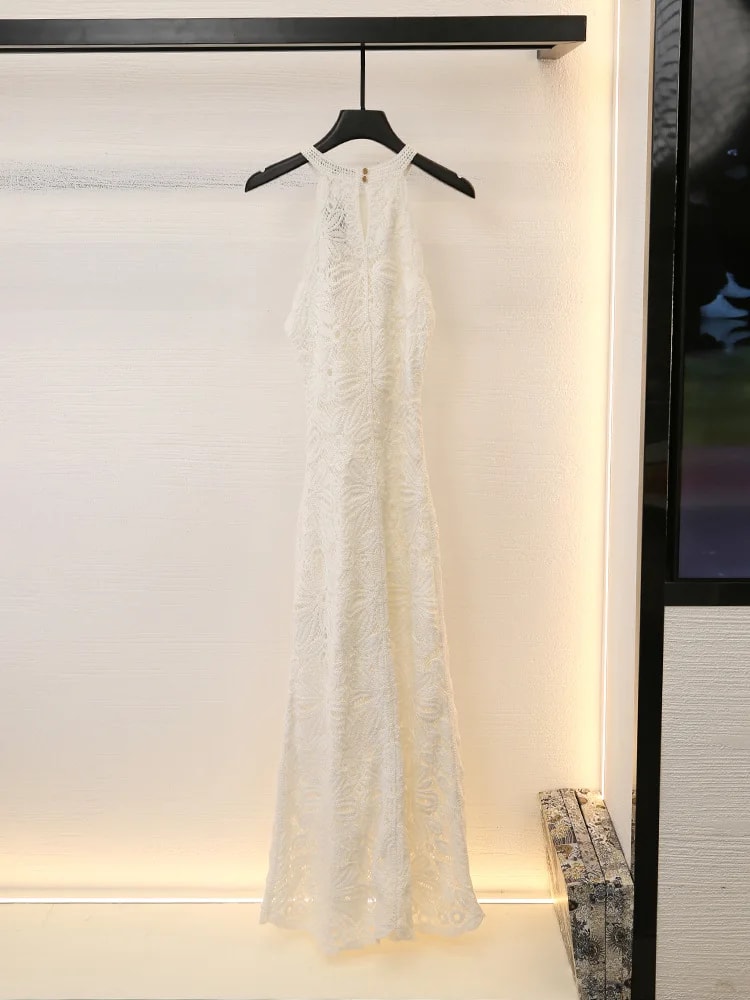 Aura White Lace Halter Maxi Dress Elegant Crochet Overlay Long Dress for Beach & Summer Vacations