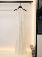 Aura White Lace Halter Maxi Dress Elegant Crochet Overlay Long Dress for Beach & Summer Vacations