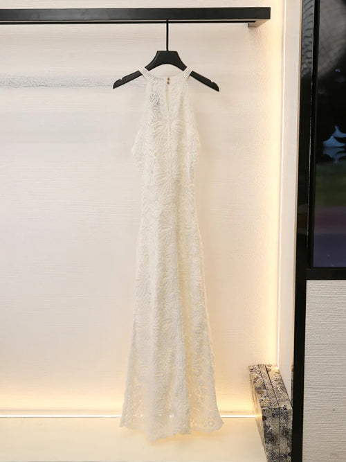 Aura White Lace Halter Maxi Dress Elegant Crochet Overlay Long Dress for Beach & Summer Vacations