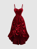 Burgundy Satin Slip Dress Sweetheart Neck Asymmetric Hem Cocktail Midi Evening Gown