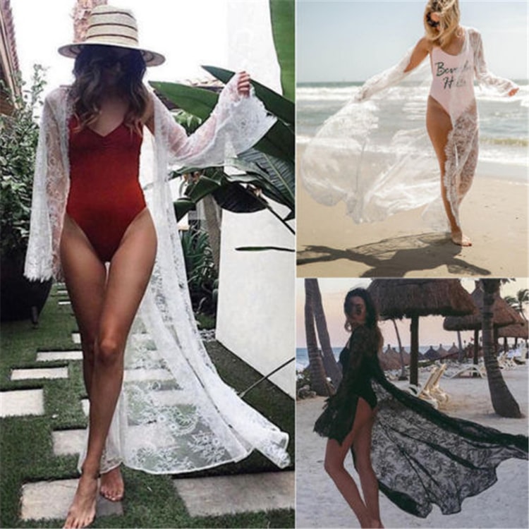 Chic Women's Long Beach Tunic Dress - Elegant Crochet Beach Cover Up
