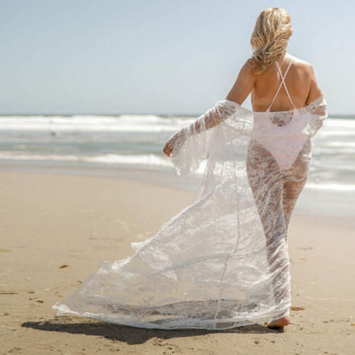Chic Women's Long Beach Tunic Dress - Elegant Crochet Beach Cover Up