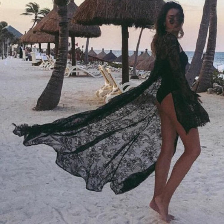 Chic Women's Long Beach Tunic Dress - Elegant Crochet Beach Cover Up