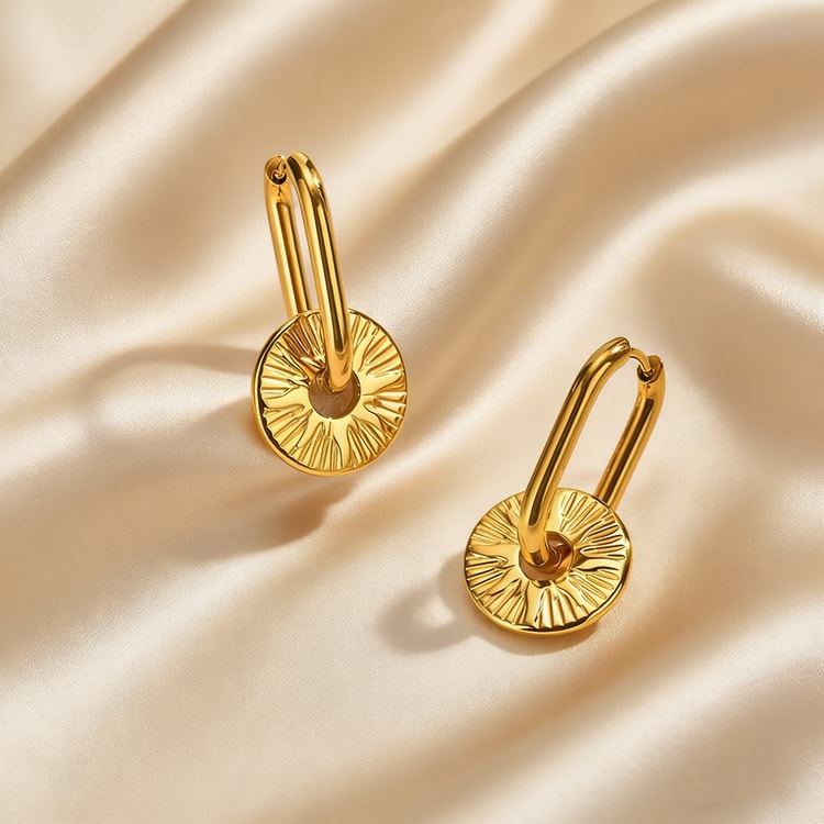 Radiant Gold Hoop Earrings with Sun Pendant Earrings in Gold Plated Stainless Steel
