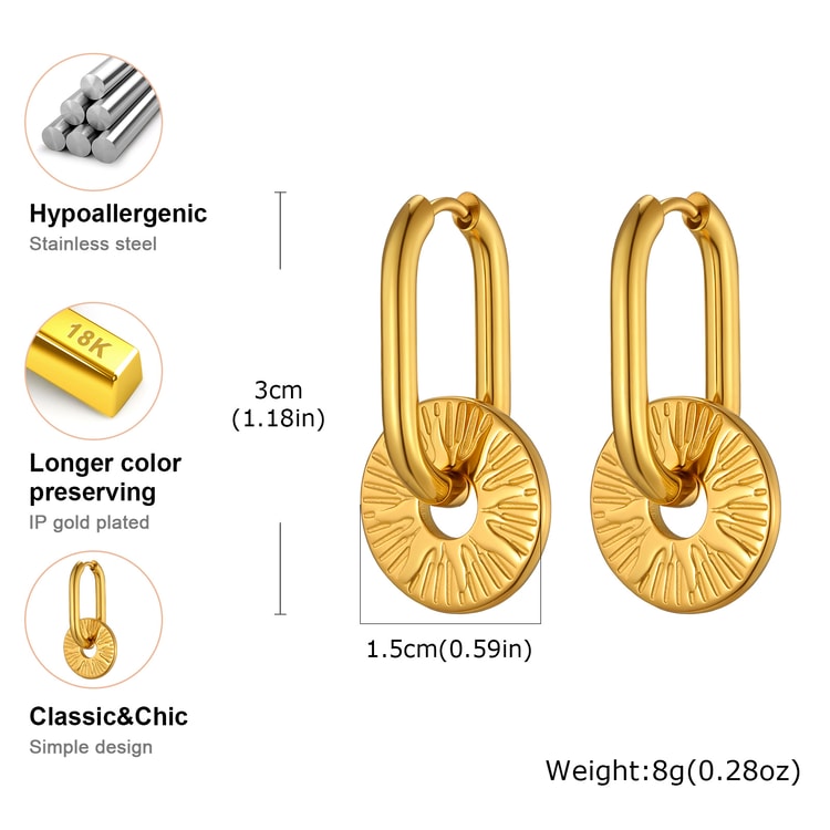 Radiant Gold Hoop Earrings with Sun Pendant Earrings in Gold Plated Stainless Steel