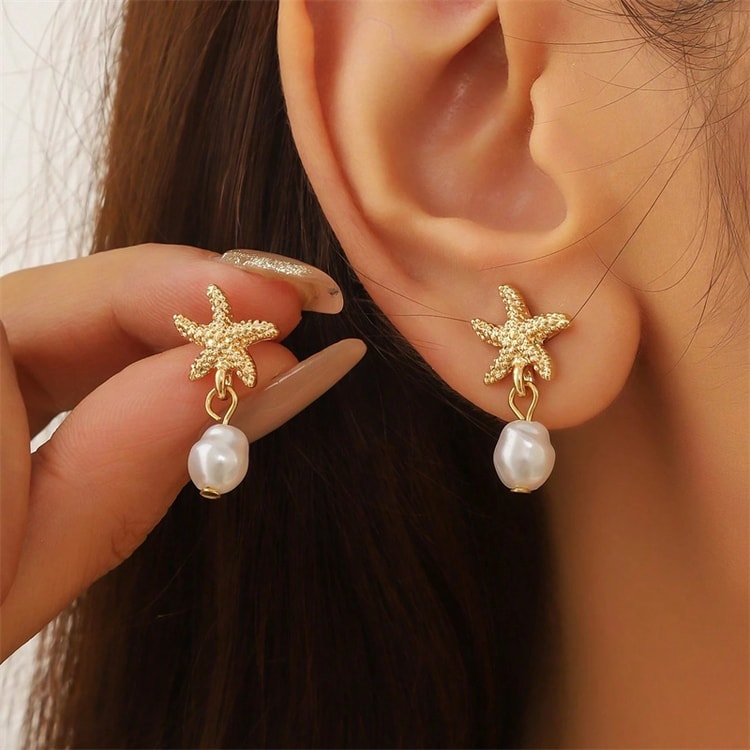 Coastal Elegance: Gold Starfish and Pearl Drop Earrings for Summer Beach Style