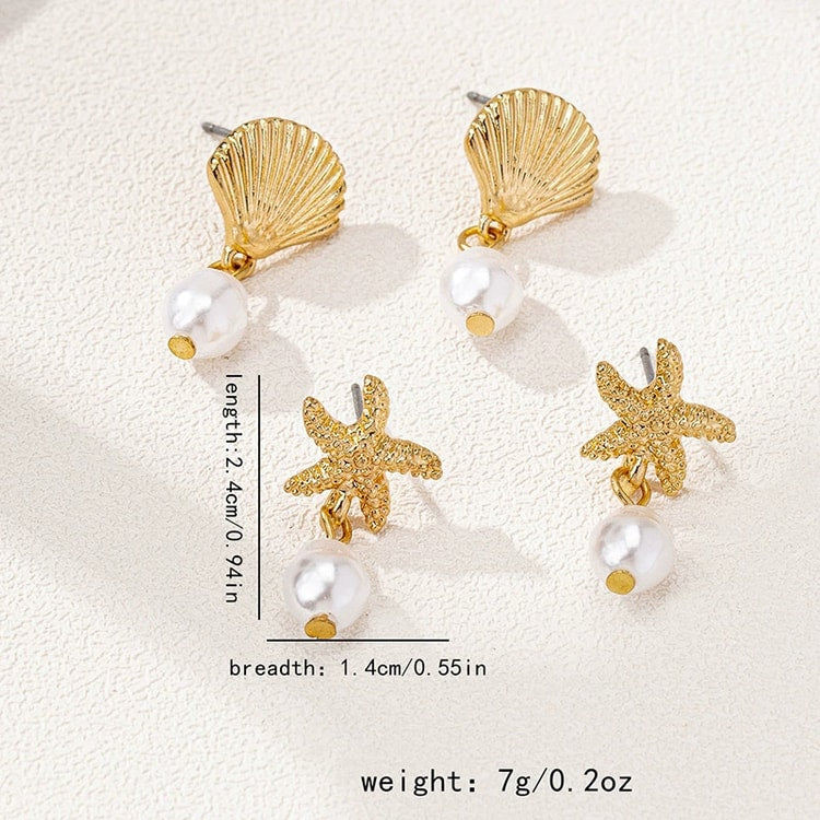 Coastal Elegance: Gold Starfish and Pearl Drop Earrings for Summer Beach Style