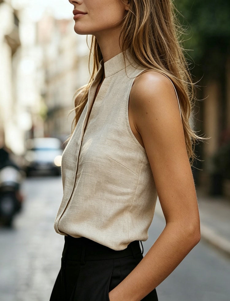 Linen Blend Sleeveless Halter Neck Blouse with Stand Collar