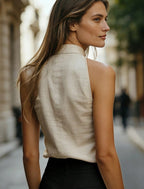 Linen Blend Sleeveless Halter Neck Blouse with Stand Collar