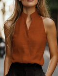 Linen Blend Sleeveless Halter Neck Blouse with Stand Collar