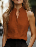 Linen Blend Sleeveless Halter Neck Blouse with Stand Collar