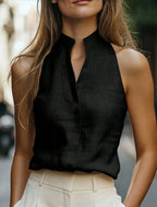 Linen Blend Sleeveless Halter Neck Blouse with Stand Collar