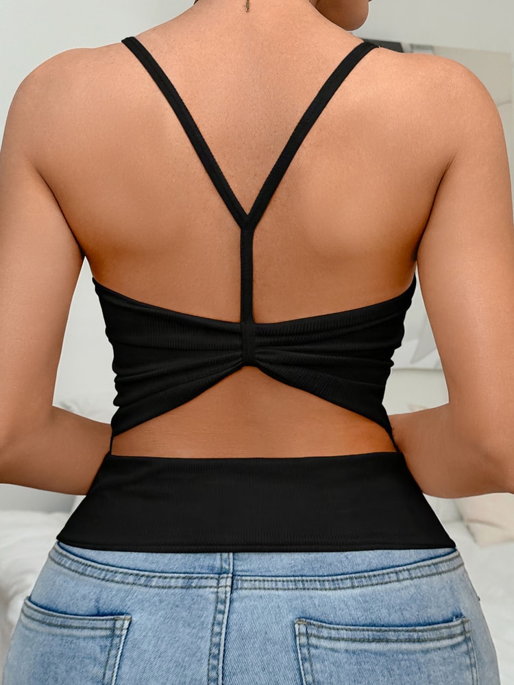 Backless Ribbed Tank Top with Built In Padded Bra Womens Y Strap Top