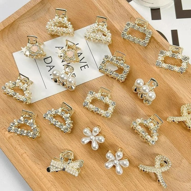 Small Rhinestone Pearls Geometric Metal Hair Claws for Women, Mini Hair Clips, Hairpins, Sweet Hair Accessories Set