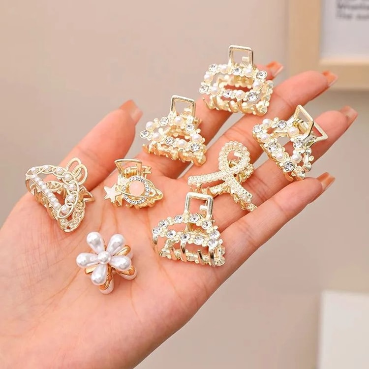 Small Rhinestone Pearls Geometric Metal Hair Claws for Women, Mini Hair Clips, Hairpins, Sweet Hair Accessories Set