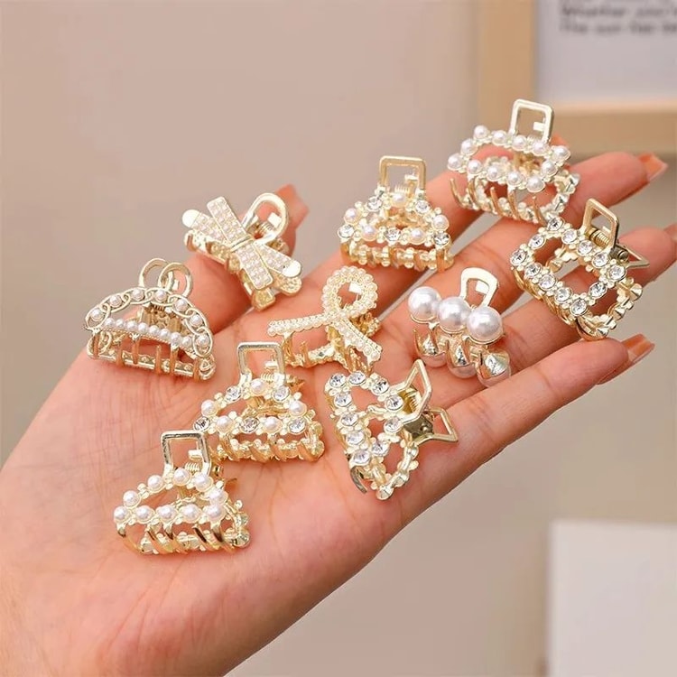 Small Rhinestone Pearls Geometric Metal Hair Claws for Women, Mini Hair Clips, Hairpins, Sweet Hair Accessories Set