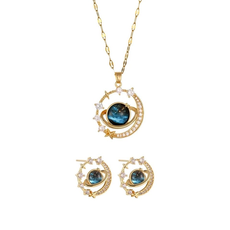 Womens Planet Jewelry Set Titanium Steel Necklace and Stud Earrings