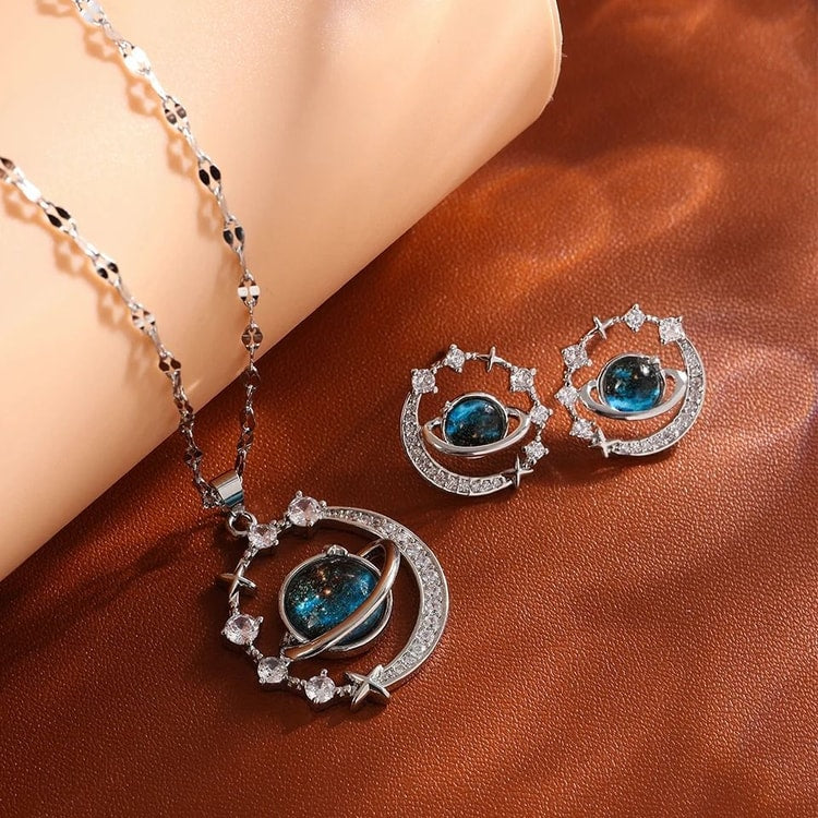 Womens Planet Jewelry Set Titanium Steel Necklace and Stud Earrings