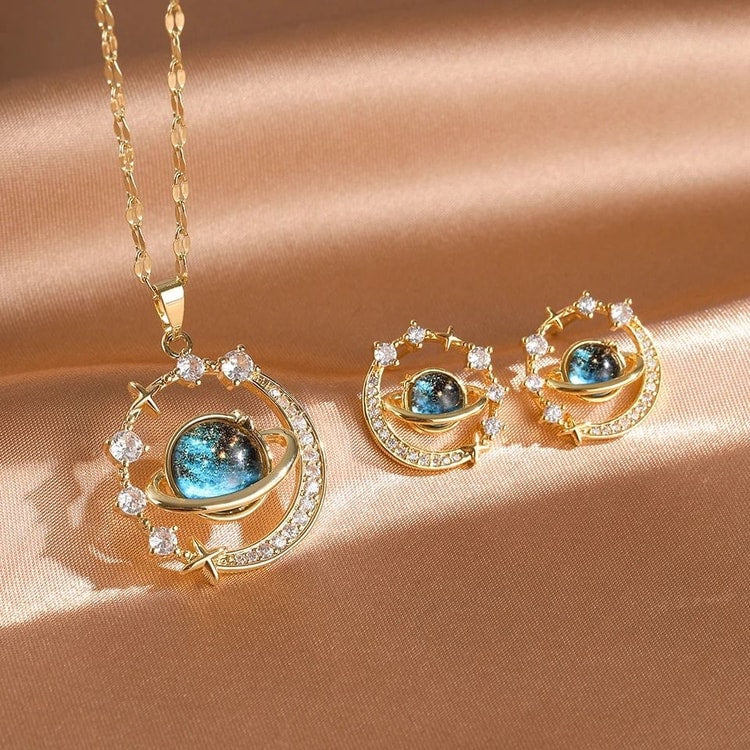 Womens Planet Jewelry Set Titanium Steel Necklace and Stud Earrings