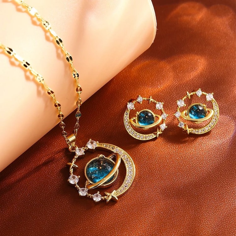 Womens Planet Jewelry Set Titanium Steel Necklace and Stud Earrings